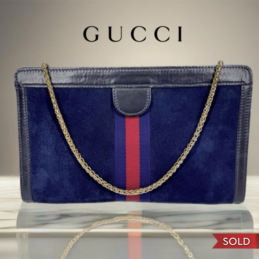 ♦️SOLD♦️Gucci Vintage large Clutch crossbody bag Handbag Suede Leather navy blue - Picture 1 of 13
